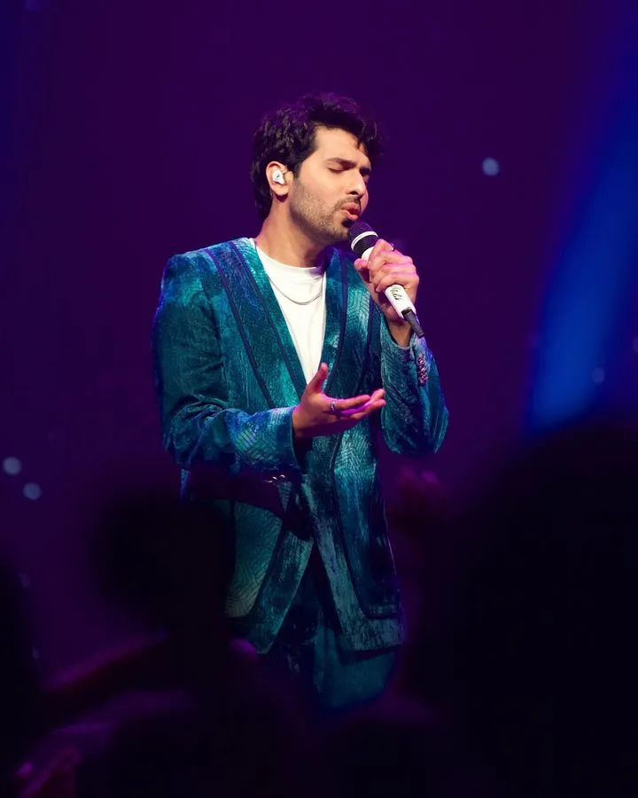 Armaan Malik in our Jade Blue Blotched Print Velvet Blazer with Detailing & Velvet Pants from Matrix