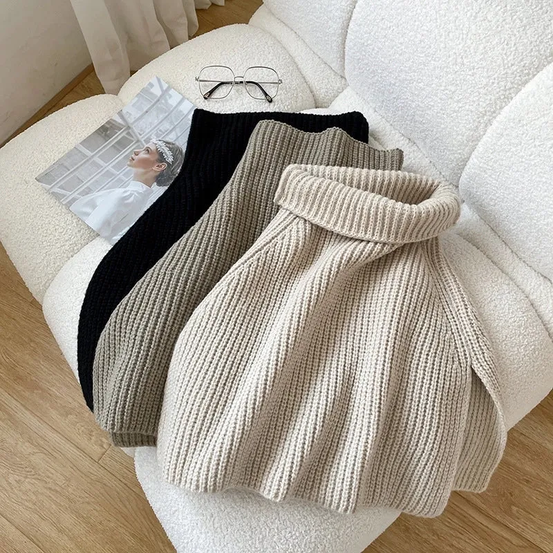 Autumn And Winter Korean-style  Solid Color Warm Pullover Scarf High Collar Split Scarf Knitted Wool Simple Shawl