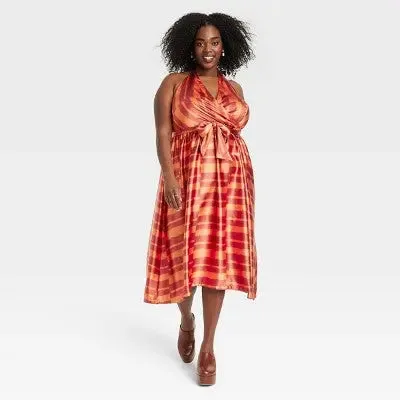 Black History Month Women's House of Aama Halter Neck A-Line Dress - Red Striped 1X