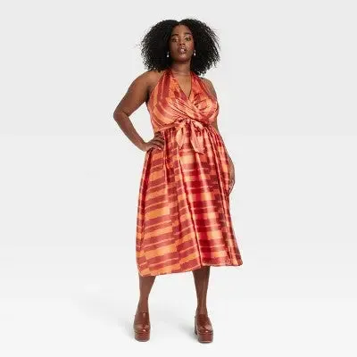 Black History Month Women's House of Aama Halter Neck A-Line Dress - Red Striped 1X