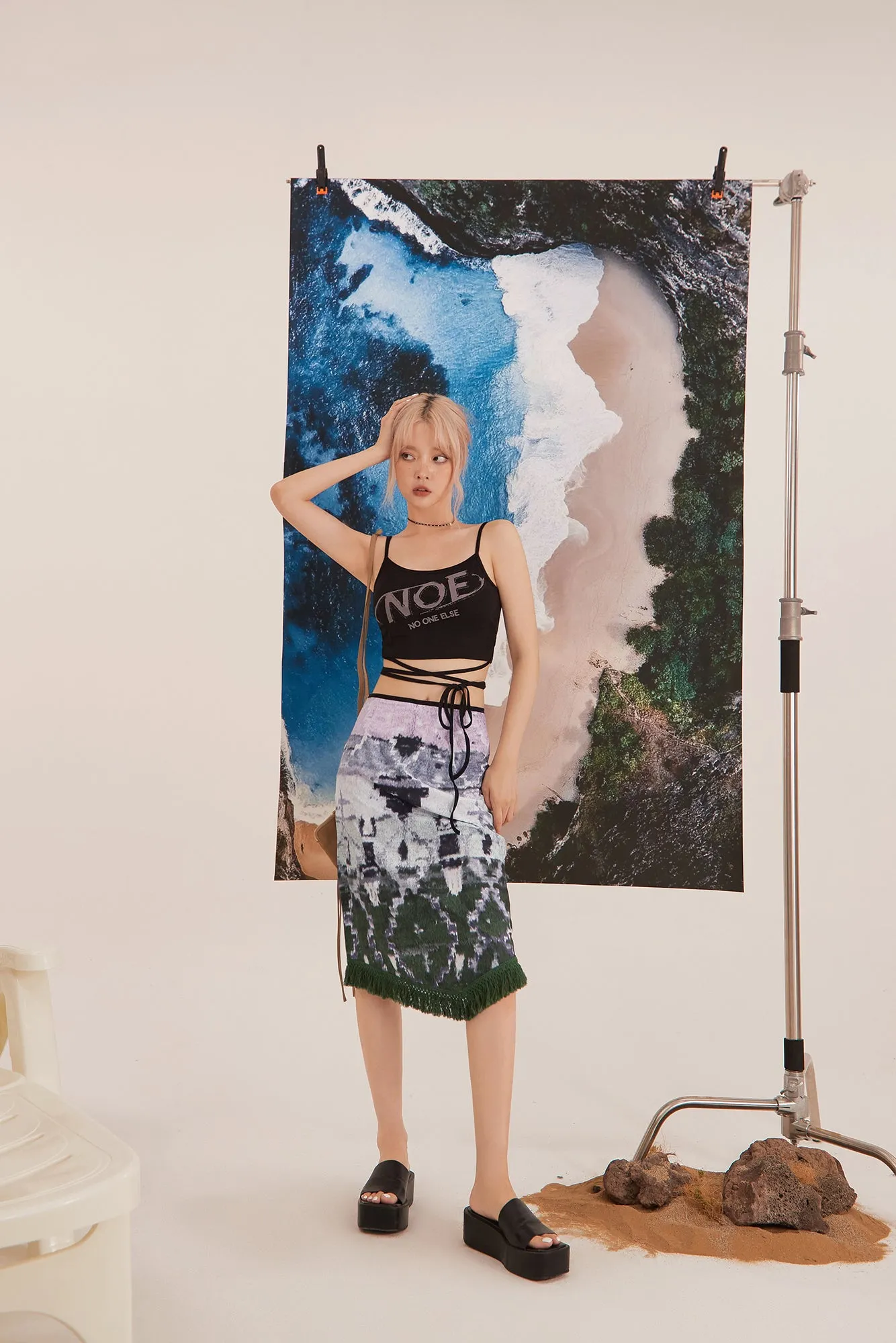 Blurry Ethnic Print Midi Skirt