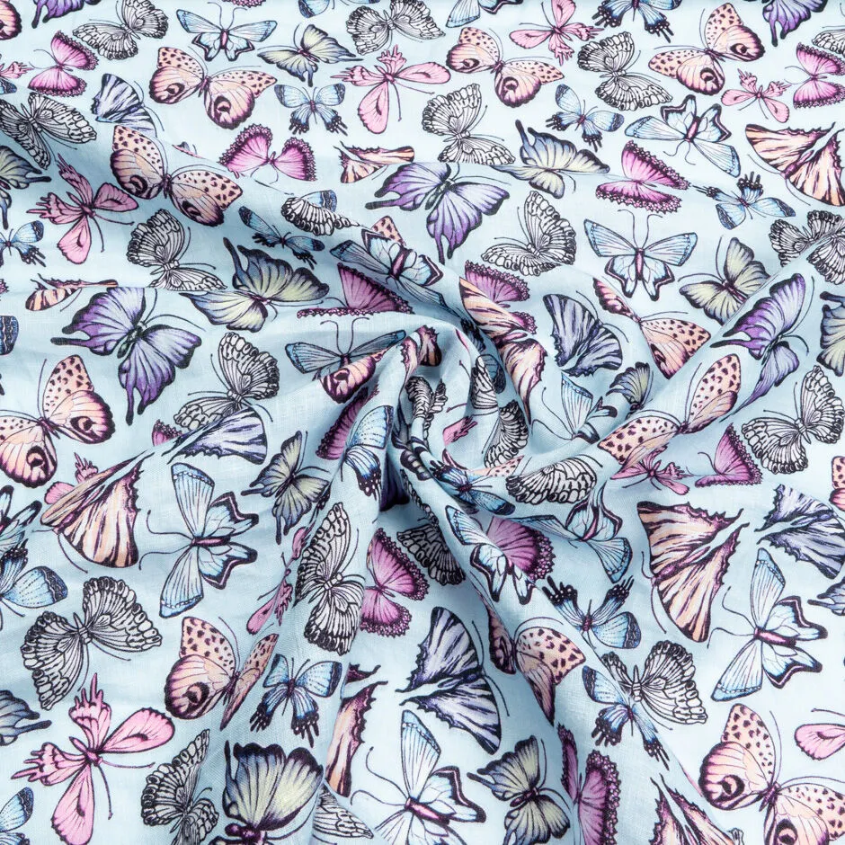 Butterfly Printed Pale Blue Lightweight Linen