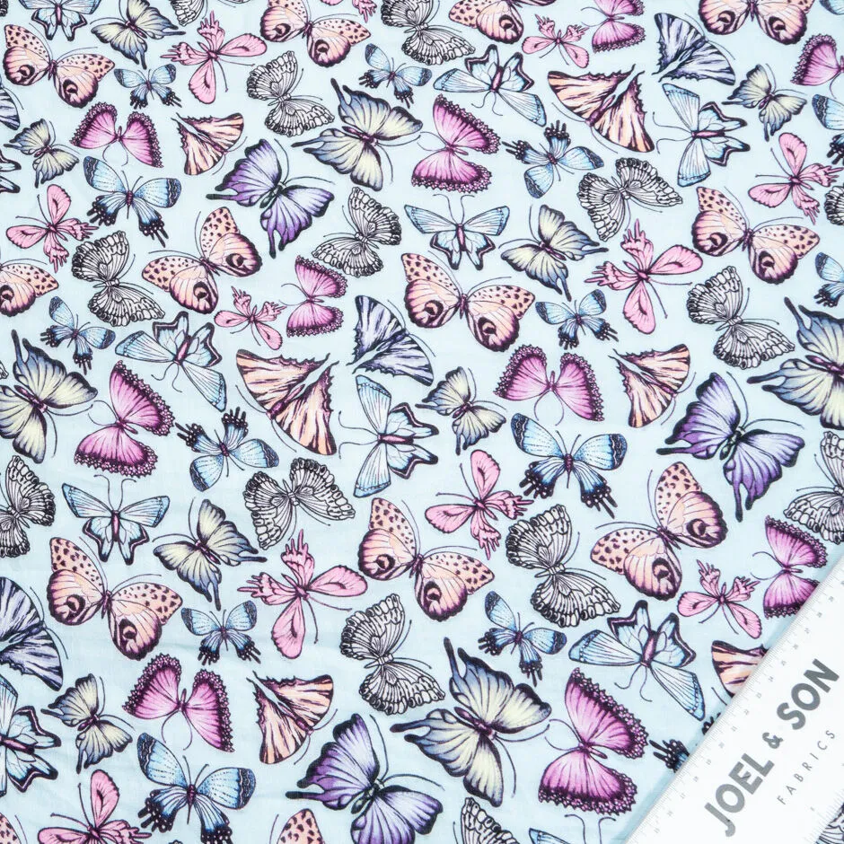 Butterfly Printed Pale Blue Lightweight Linen