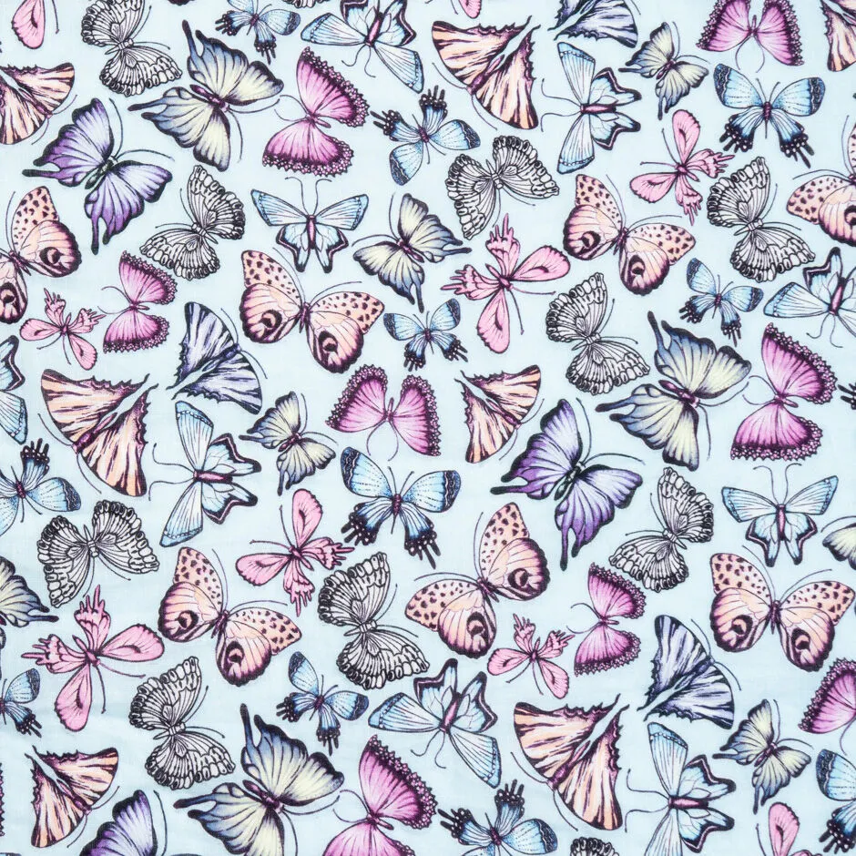 Butterfly Printed Pale Blue Lightweight Linen