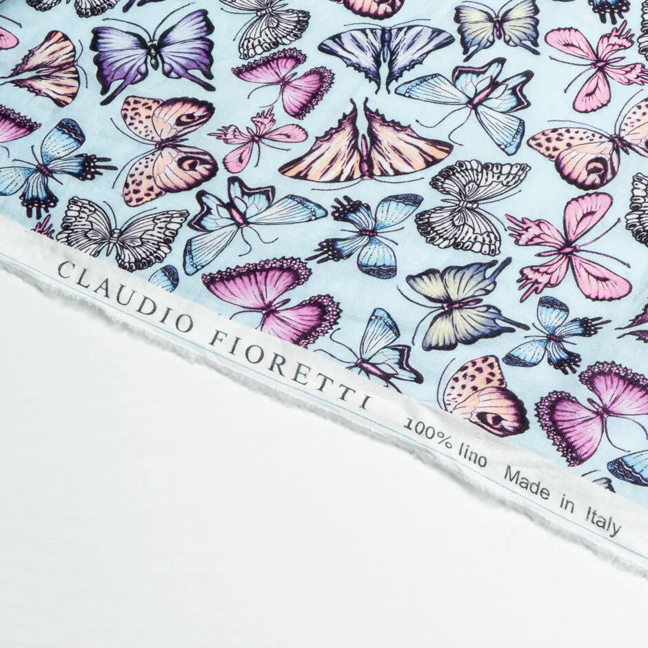 Butterfly Printed Pale Blue Lightweight Linen