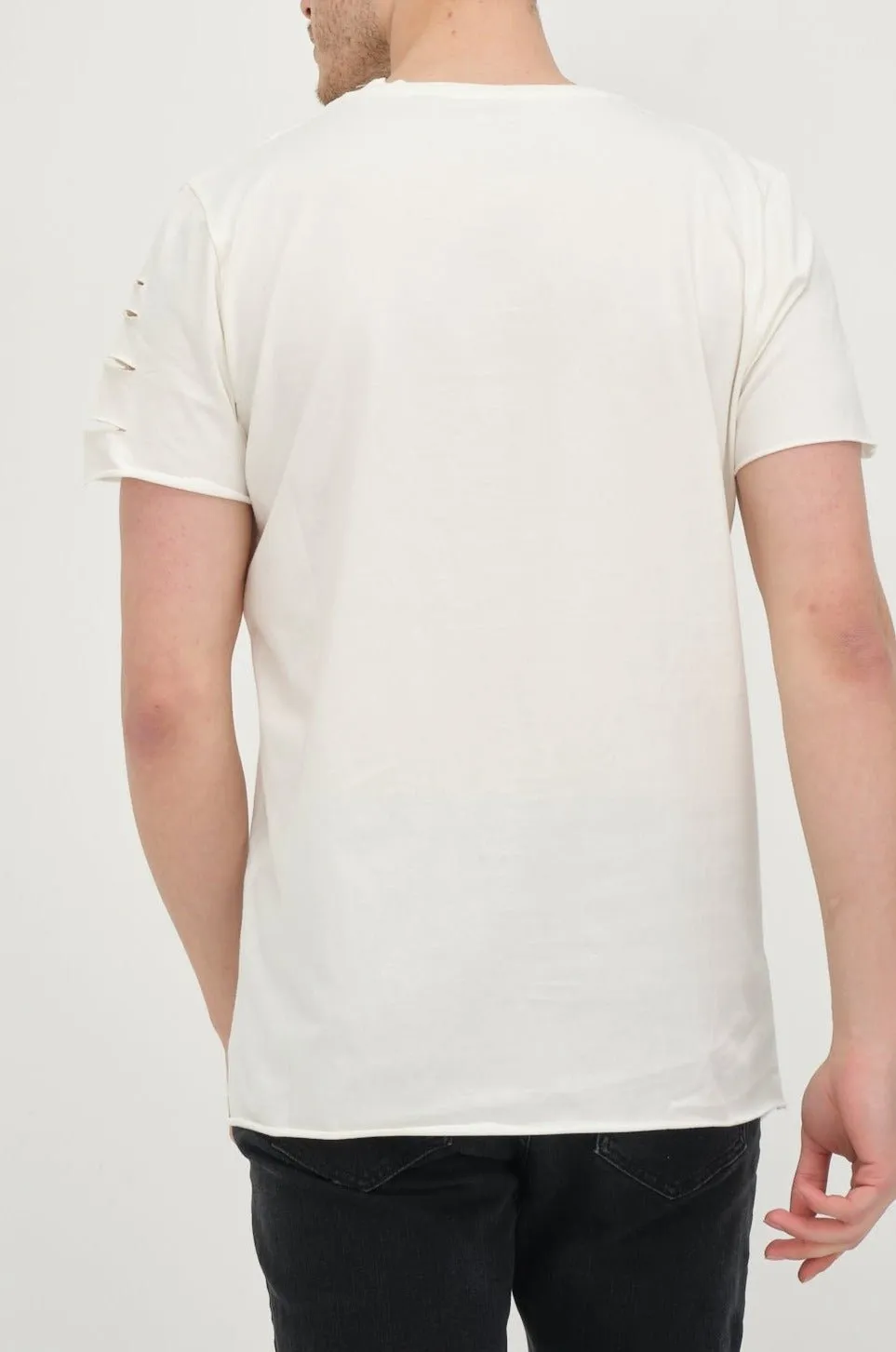 Crew Neck Short Sleeve Ripped T-Shirt -Off White