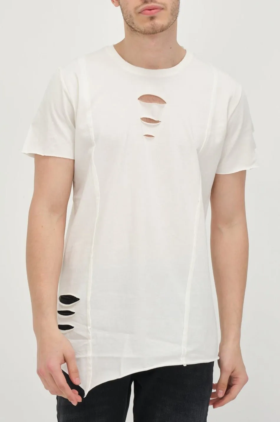 Crew Neck Short Sleeve Ripped T-Shirt -Off White