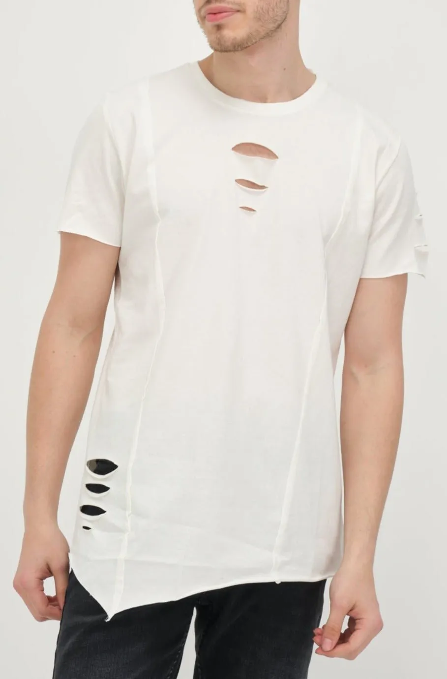 Crew Neck Short Sleeve Ripped T-Shirt -Off White