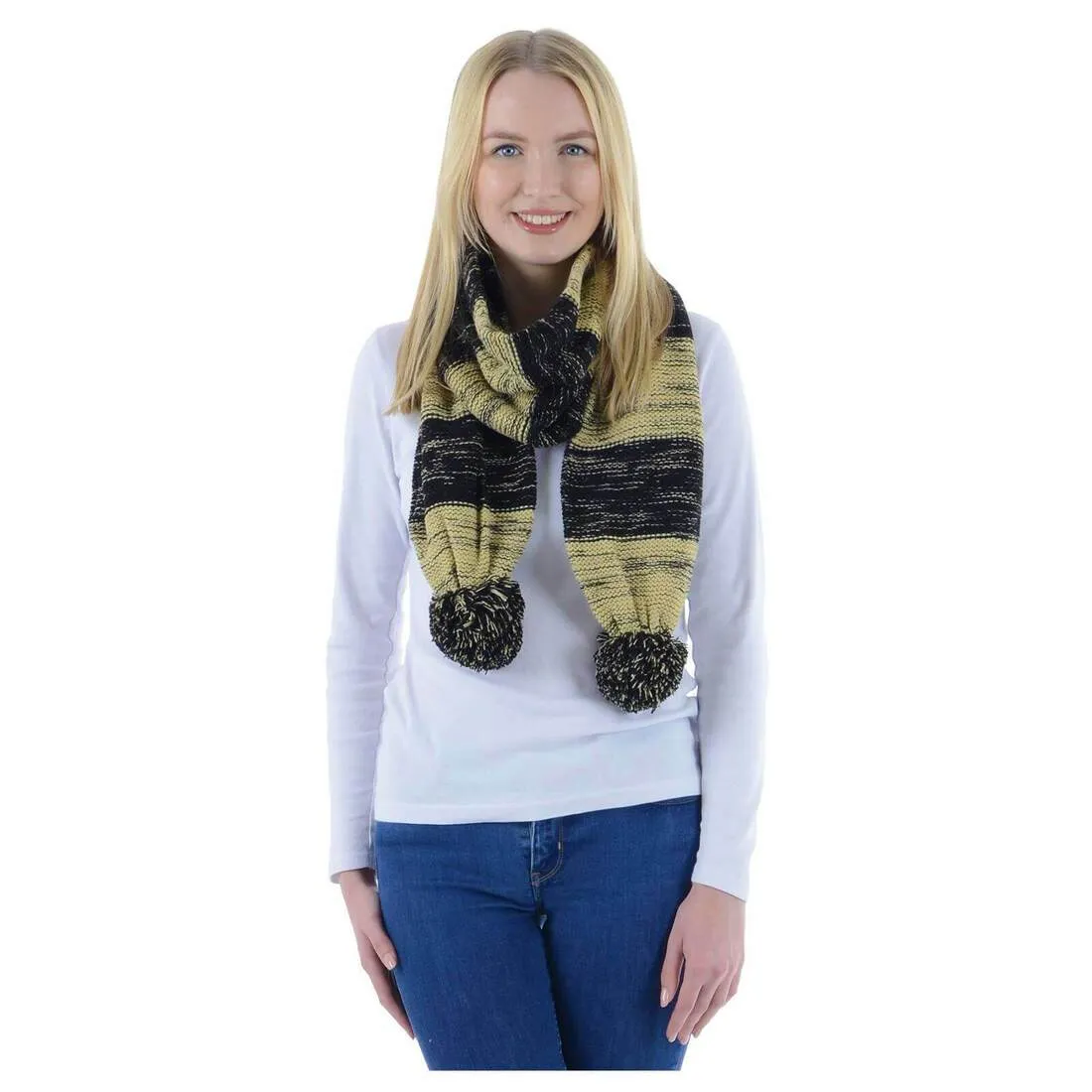 Drew Womens Knitted Scarf Marl Stripe & Large Pom Poms