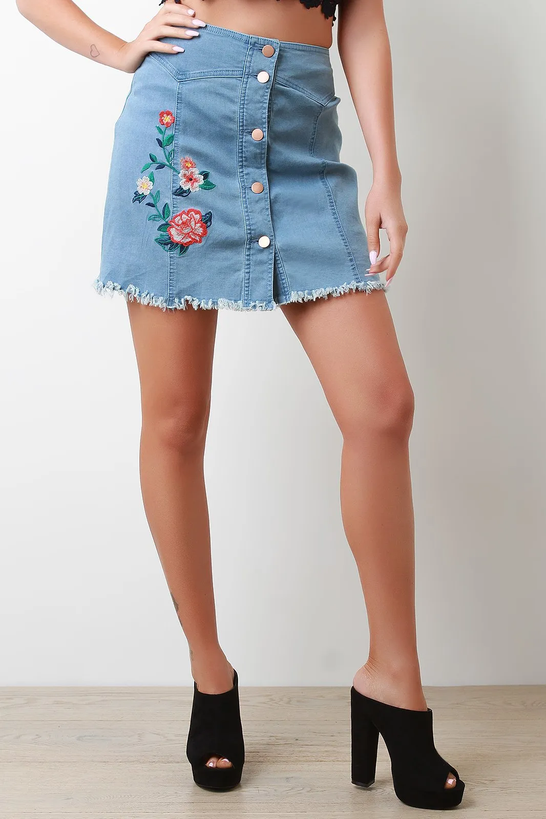 Floral Embroidery Denim High Waisted Mini Skirt