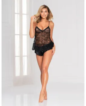 Floral Lace Cami & Cheeky Satin Short Black