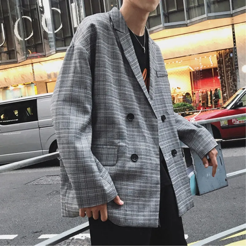 [Korean Style] Jio Double Breasted Plaid Blazer