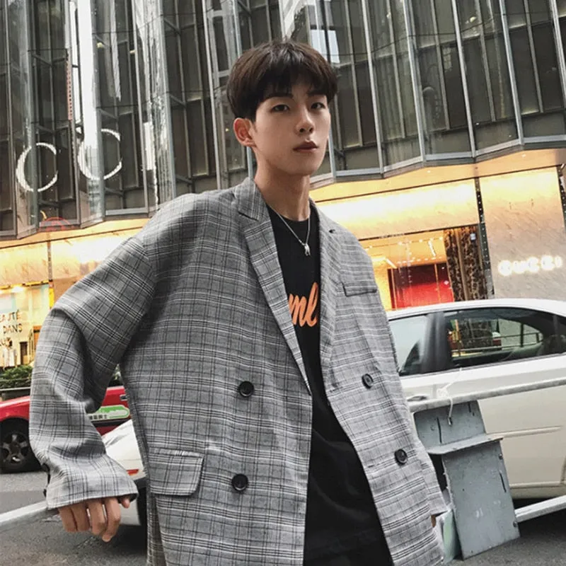 [Korean Style] Jio Double Breasted Plaid Blazer