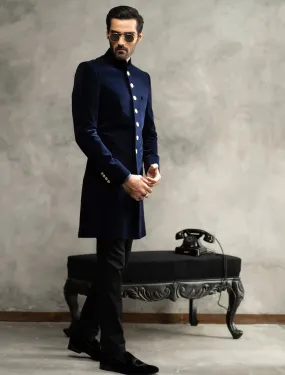 MATT NAVY BLUE SHORT LENGTH VELVET SHERWANI