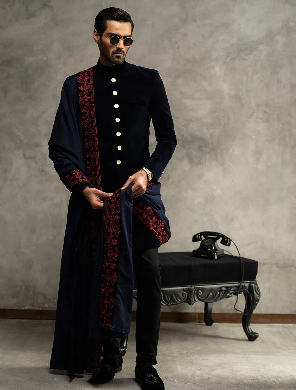 MATT NAVY BLUE SHORT LENGTH VELVET SHERWANI