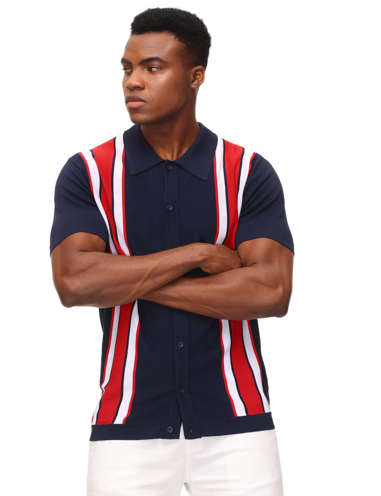 Mens Polo Shirts Vintage Striped Lightweight Knitting Golf Cardigans Shirts