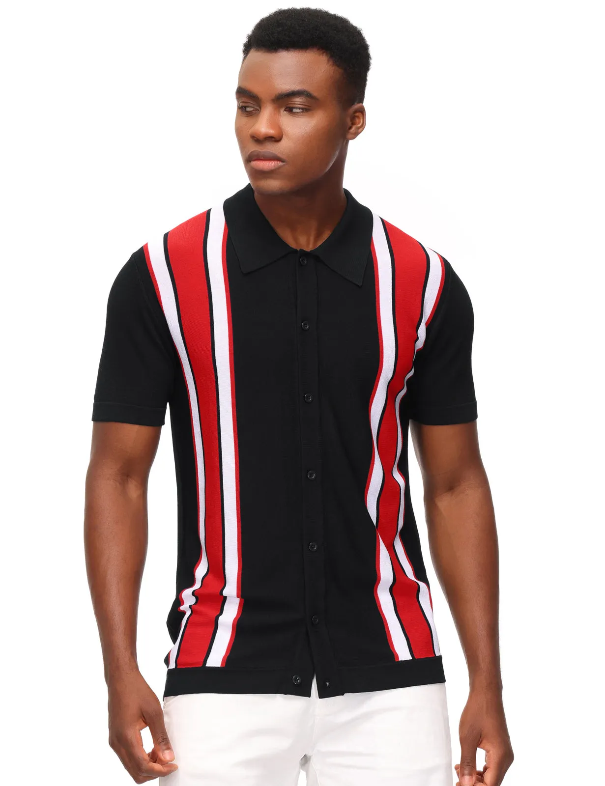 Mens Polo Shirts Vintage Striped Lightweight Knitting Golf Cardigans Shirts