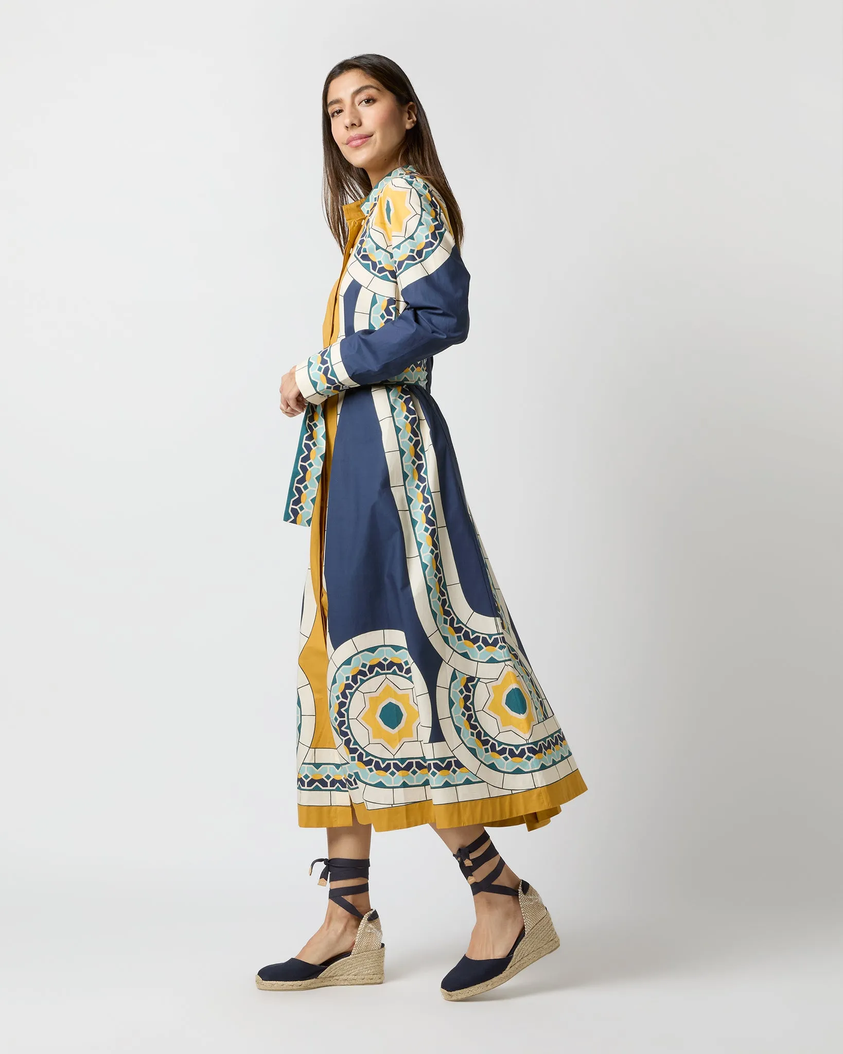 Sundowner Dress in Blue Mudejar Placée Cotton Popeline