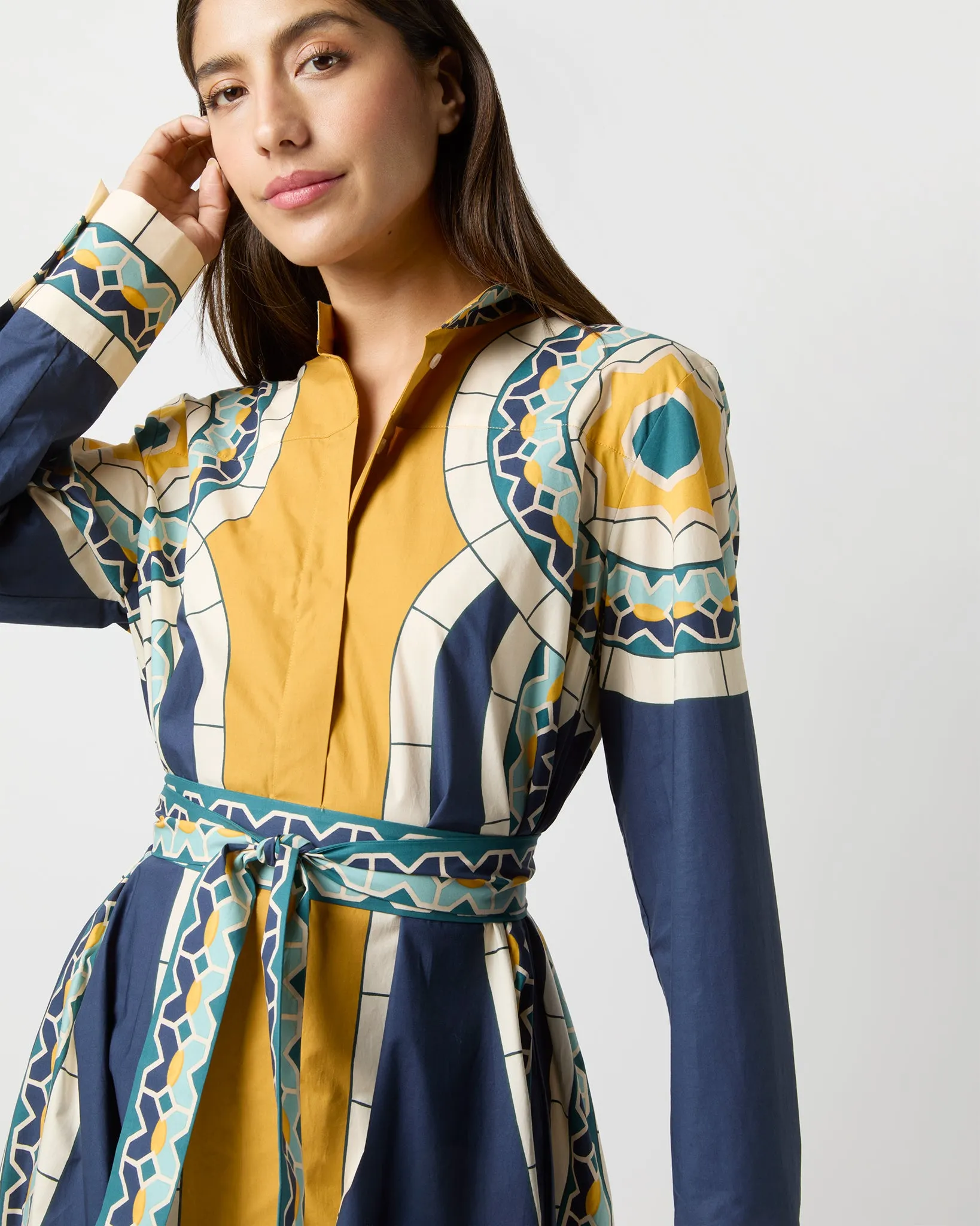 Sundowner Dress in Blue Mudejar Placée Cotton Popeline