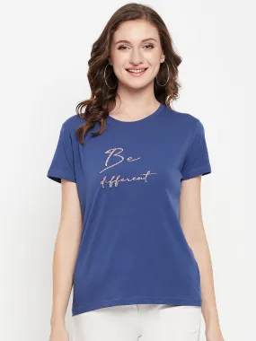 Women's Casual Regular Short Sleeve Blue Round neck Typographic Print T-Shirt