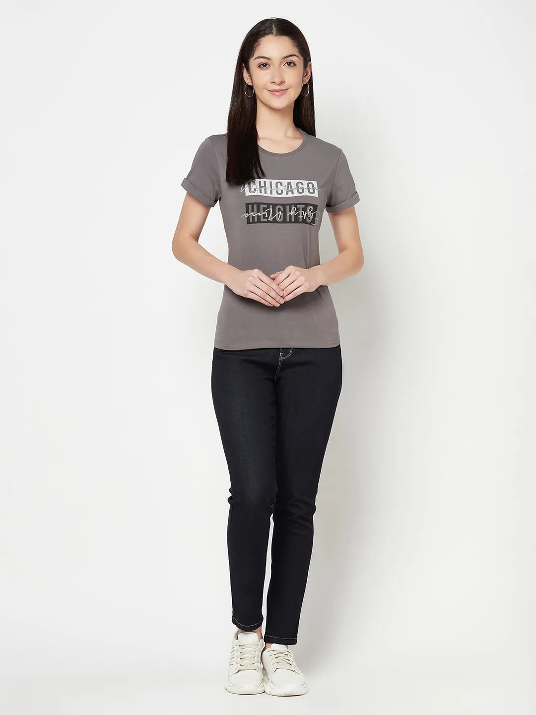 Women's Casual Regular Short Sleeve Grey   Round neck Typographic Print T-Shirt