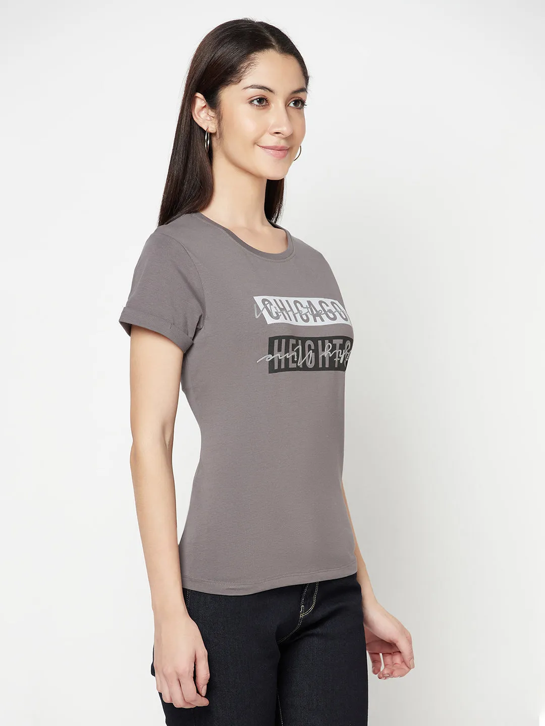 Women's Casual Regular Short Sleeve Grey   Round neck Typographic Print T-Shirt