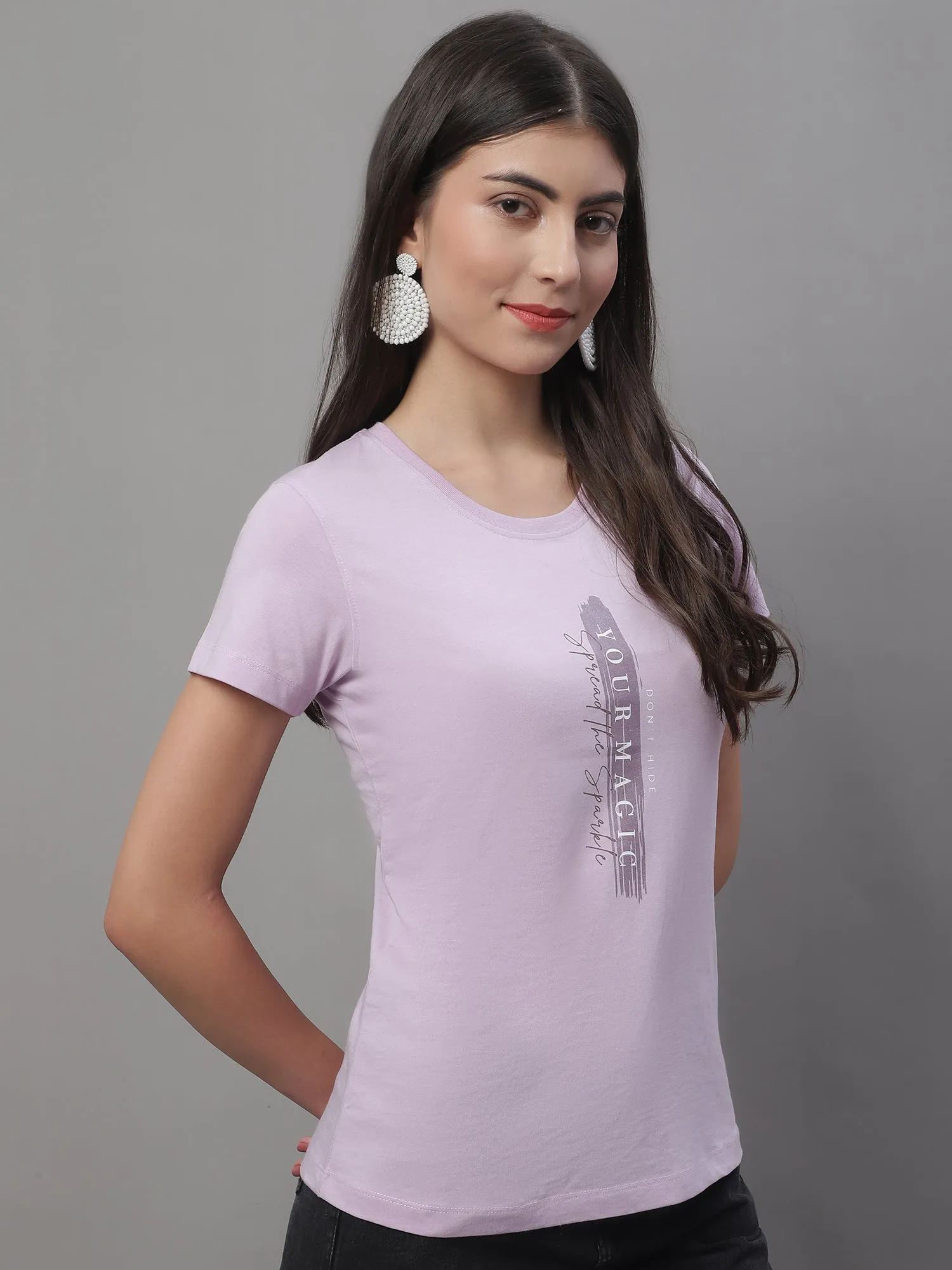 Women's Casual Regular Short Sleeve Lilac Round neck Typographic Print T-Shirt