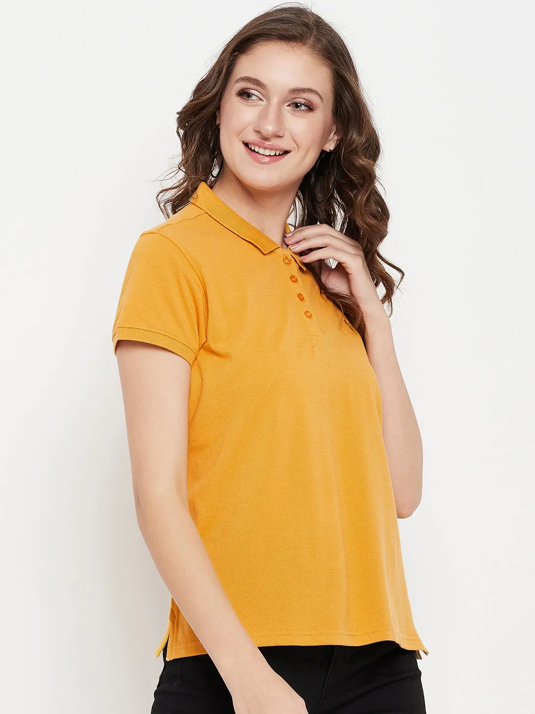 Women's Casual Regular Short Sleeve Mustard Polo neck  T-Shirt