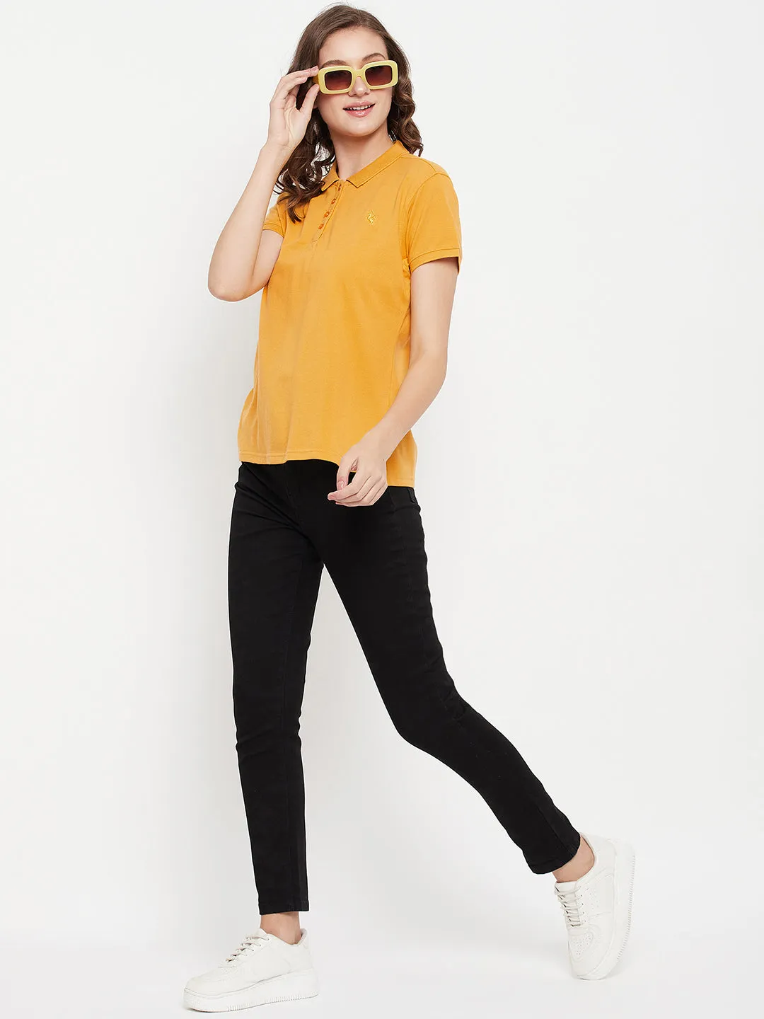 Women's Casual Regular Short Sleeve Mustard Polo neck  T-Shirt