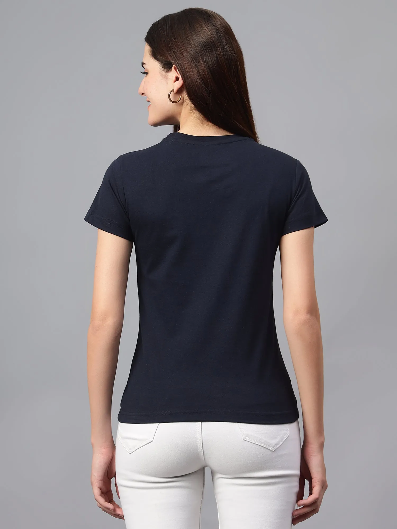 Women's Casual Regular Short Sleeve Navy Blue Round neck Hi-density Print T-Shirt