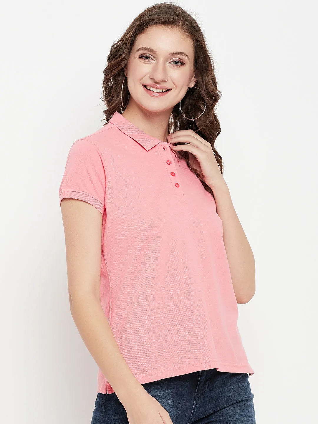 Women's Casual Regular Short Sleeve Pink Polo neck  T-Shirt