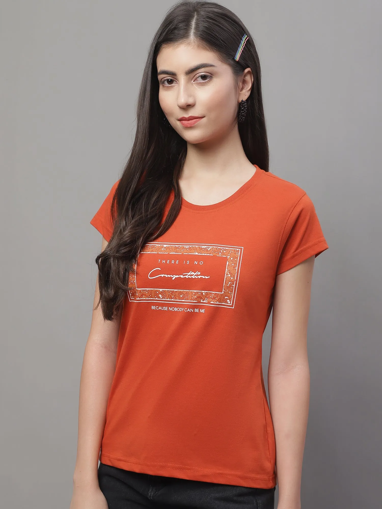 Women's Casual Regular Short Sleeve Rust Round neck Typographic Print T-Shirt