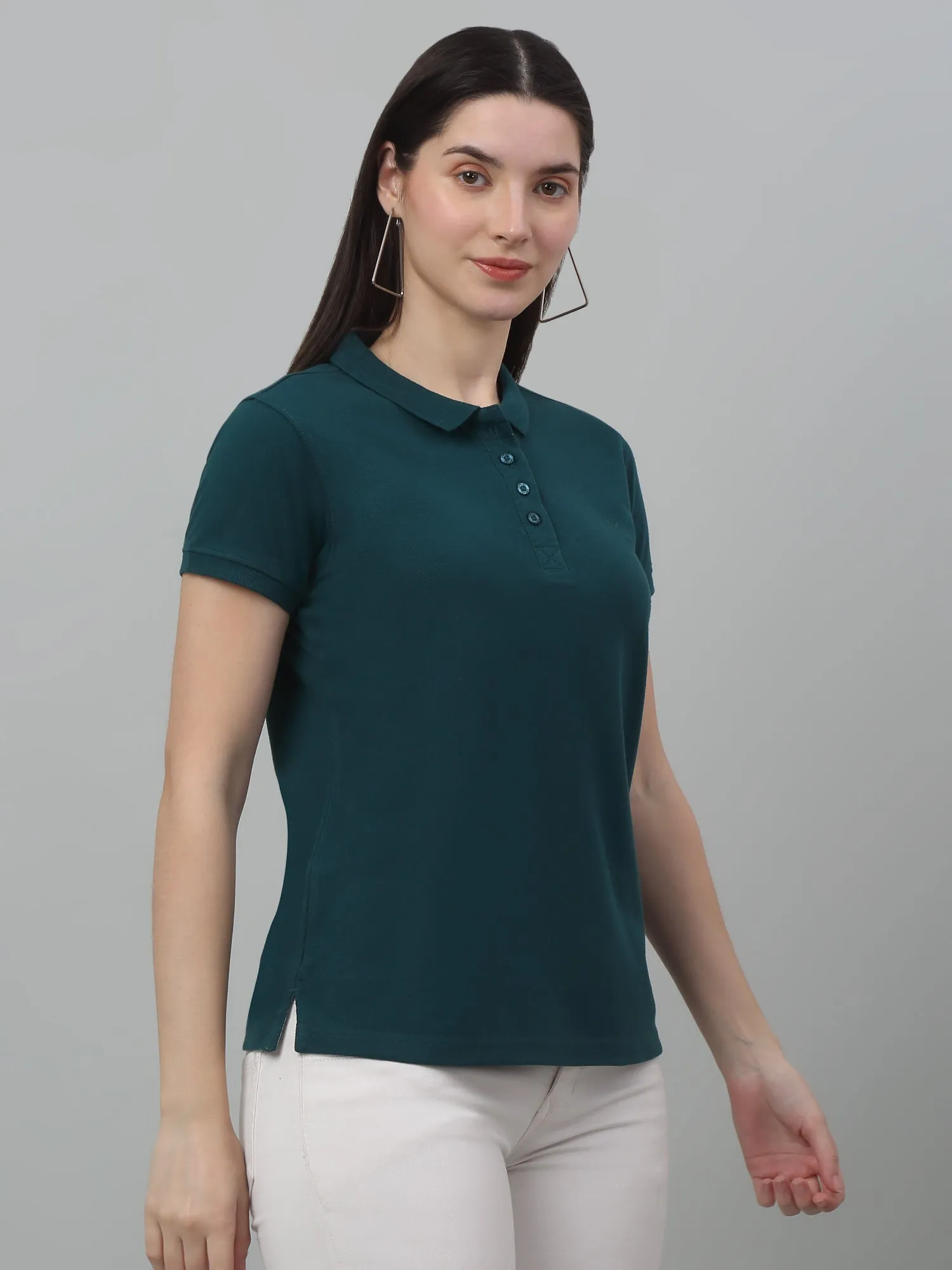 Women's Casual Regular Short Sleeve Teal Polo neck  T-Shirt