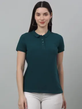 Women's Casual Regular Short Sleeve Teal Polo neck  T-Shirt